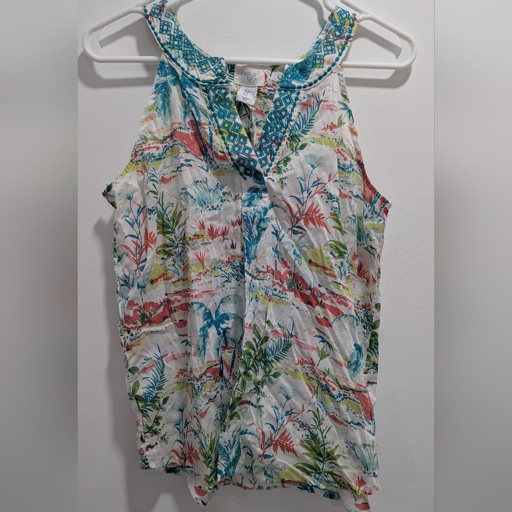 NWT Sigrid Olsen Blouse Beach Print V Neck Embroidery 100% Cotton Summer, Small